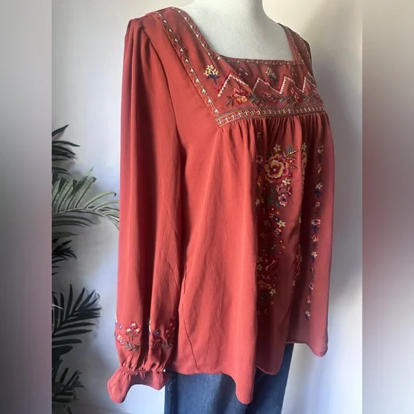 Savanna Jane Women’s Terracotta Embroidered Babydoll Rust Blouse S - Picture 7 of 10